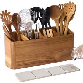 Lohoner 762612213819 Wooden Utensil Holder For Kitchen Counter Acacia Wood