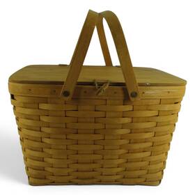 10324 Longaberger Large Picnic Basket Brown Wood Lid Handles Liner Riser Usa