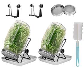 Sp-03 Lulonpon 2-pc Sprouts Growing Jar Kit Wide Mouth 1l Mason Jars With Lids Stand Tray