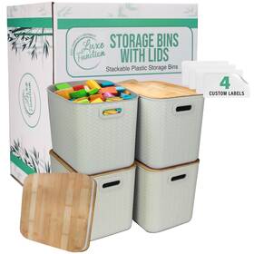 Luxe Function 065021411032 Storage Bins With Bamboo Lid Stackable Multi-purpose Organizers For Pan