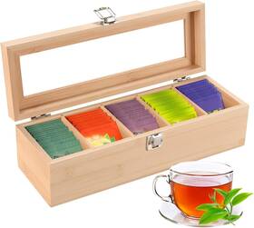 Mair-us-hgs1293 726084621145 Wood Tea Box With Clear Lid 4 Compartments Eco-friendly Bag Holder
