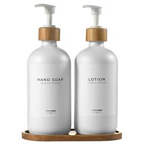 Maisonovo 060919581149 Soap Dispenser 3-piece Set 16.9oz White Bottles With Bamboo