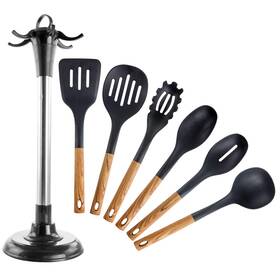 Megachef 850016090775 Nylon Tool Cookware Utensil Set 7 Piece Black And Wood Texture