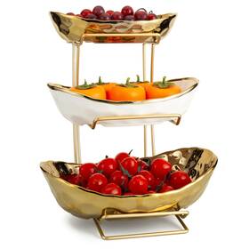 Qmusy906429 Meiglqea 10525886 3-tier Gold Fruit Bowl And Tray With Metal Stand - Ceramic White Triple Layer