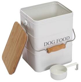 200816-mz-0826-dogfood-white Morezi Dog Treat And Food Storage Tin With Wooden Lid Scoop Included - White Pow