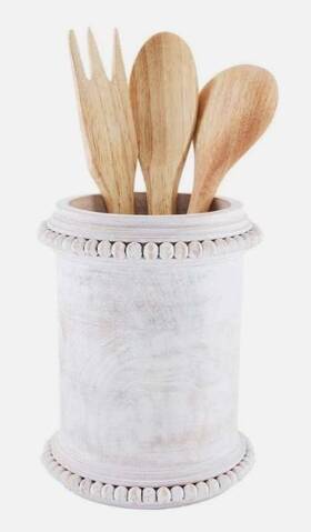 45800030 Mud Pie Home White Wash Wood Beaded Edge Kitchen Utensil Holder New