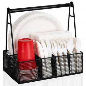 Qhl6gtylhsgj-b Nacimax Paper Plate Organizer With Handle For Countertop Metal Silverware Caddy