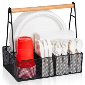 Qhl6gtylmb Nacimax Paper Plate Organizer With Handle For Countertop Metal Silverware Caddy