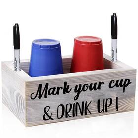 Naiceay 788703625545 Double Disposable Cup Holder With Marker Slot Wooden Mark Your And Drink