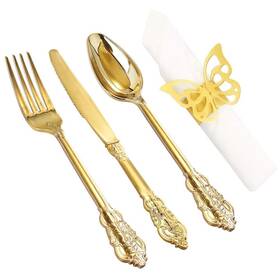 Nervure 664111758566 200pcs Gold Plastic Silverware Set- Disposable Flatware -