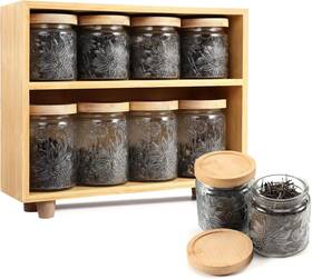 Newele 744759677471 2-layer Bamboo Tea Organizer Rack With 8 Vintage Glass Jar 17 And 23.7 Oz Tin