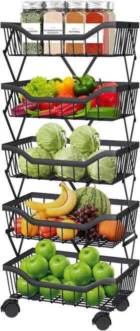Lsl-b-5t Newzealkids Newzeal Fruit Vegetable Storage Basket 5 Tiers Stackable Metal 5-tiers Black