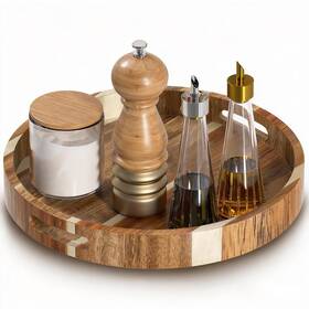 Ls-250722 Ocerave 12 Inch Acacia Wood Lazy Susan Turntable Organizer Double Handle Cabinet Organiz