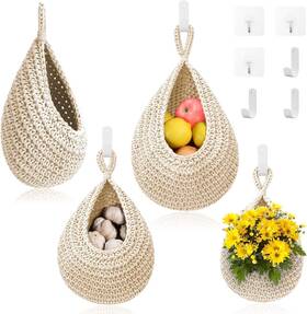 Ogotez 614161566406 Hanging Fruit Baskets For Kitchen - 3 Pack Boho Wall Basket White