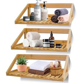 Floatshelves-3 Onehaus Floating Shelves Wall Mounted 3 Pcs Solid Bamboo Hanging Rack Holder W