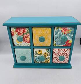 Pioneer Woman 744759150431 The Vintage Floral 6-drawer Spice And Tea Cabinet / Box Teal