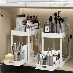 Pougny 701969908801 2pc Under Sink Organizer Rack 2 Tier Sliding Cabinet Basket D