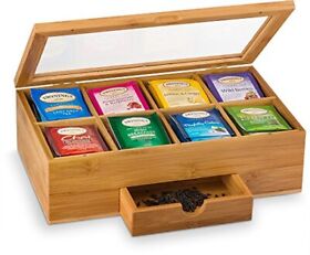 Premium Bamboo Tea Box Organizer Wood Chest With Slide-out Drawer