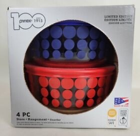 Pyrex 100 Anniversary Limited Edition 4pc Glass 4 Cup Polka Dot Storage Bowls
