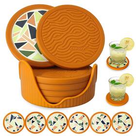 Ai8805sbm Redomm Rdm 6-pack Terazzo Silicone Coasters With Deep Tray Holder - Double-sided Drink C