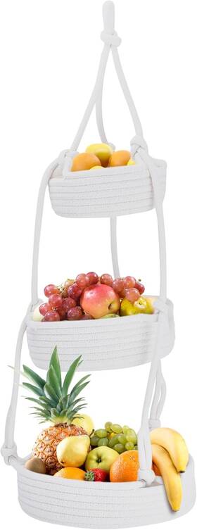 Rega-000082 Regal Trunk & Co. Hanging Fruit Baskets For Kitchen - 3 Tier Cotton White Rega-000082 Regal Trunk & Co. Hanging Fruit Baskets For Kitchen - 3 Tier Cotton White
