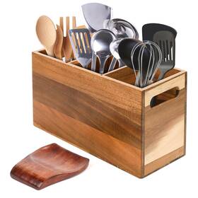 Rg-20241105 Relaxing Garden Wooden Utensil Holder For Kitchen Counter With Spoon Rest - Acacia Wood Utens