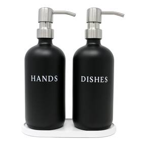 Rm Home 197644720095 Black Glass Hand And Dish Soap Dispenser Set With Bamboo Tray 16 Oz Kitc