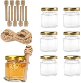 6bee Rormket 760182899754 1.5oz 6pack Mini Glass Hexagon Jars Gold Lids Bee Charms Honeybee
