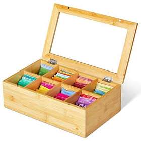 Royalhouse 651281127414 Big Natural Bamboo Tea Storage Organizer With Clear Acrylic Top Window 8 Comp