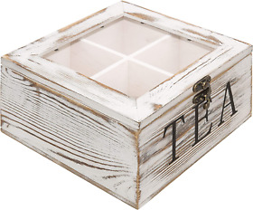 Rustic Whitewashed Wood Tea Storage Box With 4 Compartments
