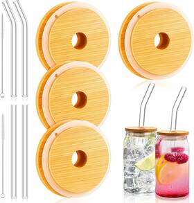 Bamboo-03 Sawysine 10 Pieces Bamboo Lids For Glass Cups Reusable 70mm Mason Jar Brown Clear