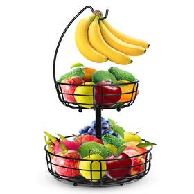 Scnve 756041041525 Fruit Basket - 2 Tier Bowl With Banana Hanger For Kitchen Black