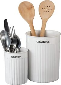 104372 Set Of 2 Cream Colored Stoneware Utensil Holders Grateful And Blessed New
