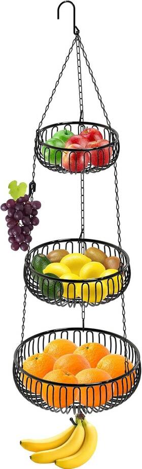 Co-29c-k Simple Houseware Adjustable Metal Hanging Fruit Basket Oblate Black