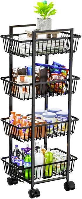 59009 Simple Trending 4 Tier Rolling Fruit Vegetable Basket Cart Large Black