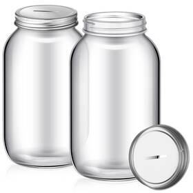 Jars-0091 Skylety 2 Pack Large Clear Glass Coin Bank With Slotted Silver Lid ... Fast Ship