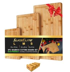 Se-004-n Sliceelite Bamboo Cutting Board Set Of 3 With Holding Rack And Silicone Feet
