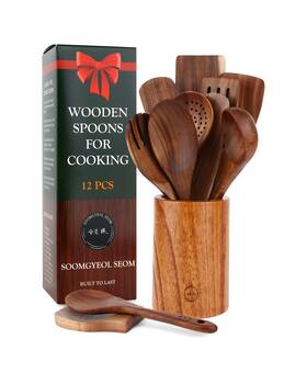 Sgs2024002 Soomgyeol Seom 12-piece Teak Wood Cooking Utensil Set With Holder And Spoon R Sgs2024002 Soomgyeol Seom 12-piece Teak Wood Cooking Utensil Set With Holder And Spoon R