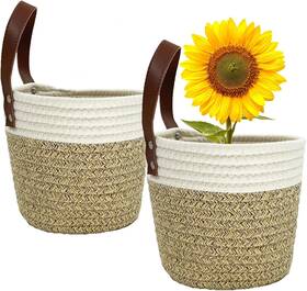 Soqkeen 765373577671 Cotton Rope Hanging Baskets For Organizing 2 Pcs Round Small Wall Light Brown