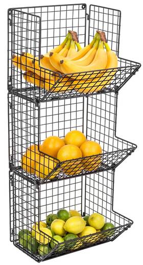 Frt-3t-blka Sorbus Hanging Fruit Basket Wall Mounted Wire Metal Bins - 3 Tier Storage Bas