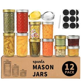 Spanla 768430765615 12 Pack Glass Mason Canning Jars With 4-8-12