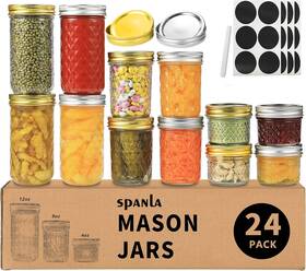 Jas-3-24 Spanla Mason Jars Canning 24 Pack Jelly With 72 Piece Set 4-8-12