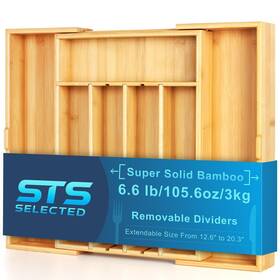 Sts-01 Sts Selected Bamboo Expandable Silverware Organizer - Adjustable Cutlery Tray With 3 Remov