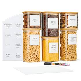 Talented Kitchen 194425011465 6 Pack Square Glass Storage Containers With Bamboo Lids And Preprinted