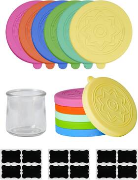 S-070 Teresry 12 Pack Silicone Oui Yogurt Jar Lids With Labels Food-grade Multicolor