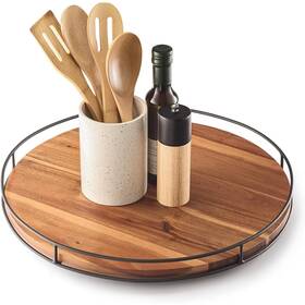 Tidita 782706673244 18 Inch Acacia Wood Lazy Susan Turntable With Metal Frame Large Wooden Rotating
