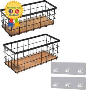 T021 Tieyipin Black Metal Wire Storage Baskets With Wood Bottoms Black/brown