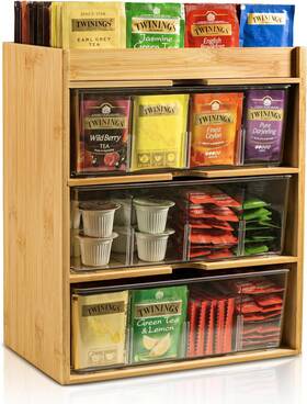 Hsi-cbsnj-02 Timieeya Tea Organizer - Bamboo And Acrylic 3-layer Bag Holder With Drawer Rustic Mini