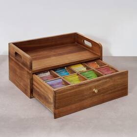 Treelf 716695223609 Acacia Wood Tea Bag Organizer With Drawer - Station Chest And Storage Box