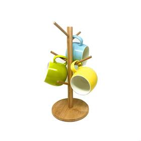 Tsyware 633675000251 Bamboo Wood Mug Rack Tree Organic Holder With 6 Hooks Coffee Tea